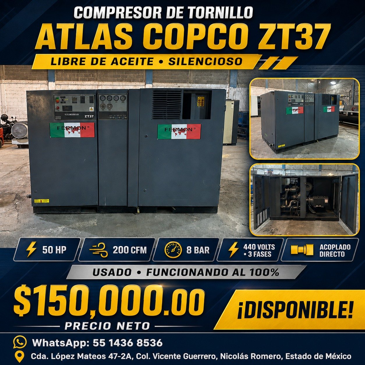 COMPRESOR DE TORNILLO ATLAS COPCO ZT37 DE 50 HP