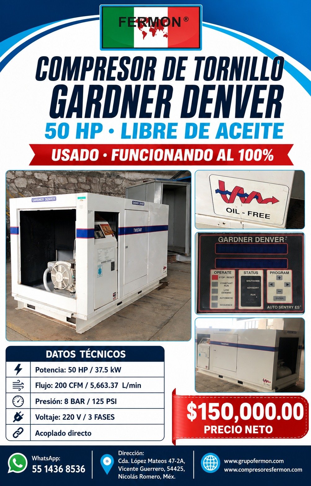 COMPRESOR DE TORNILLO GARDNER DENVER DE 50 HP LIBRE DE ACEITE