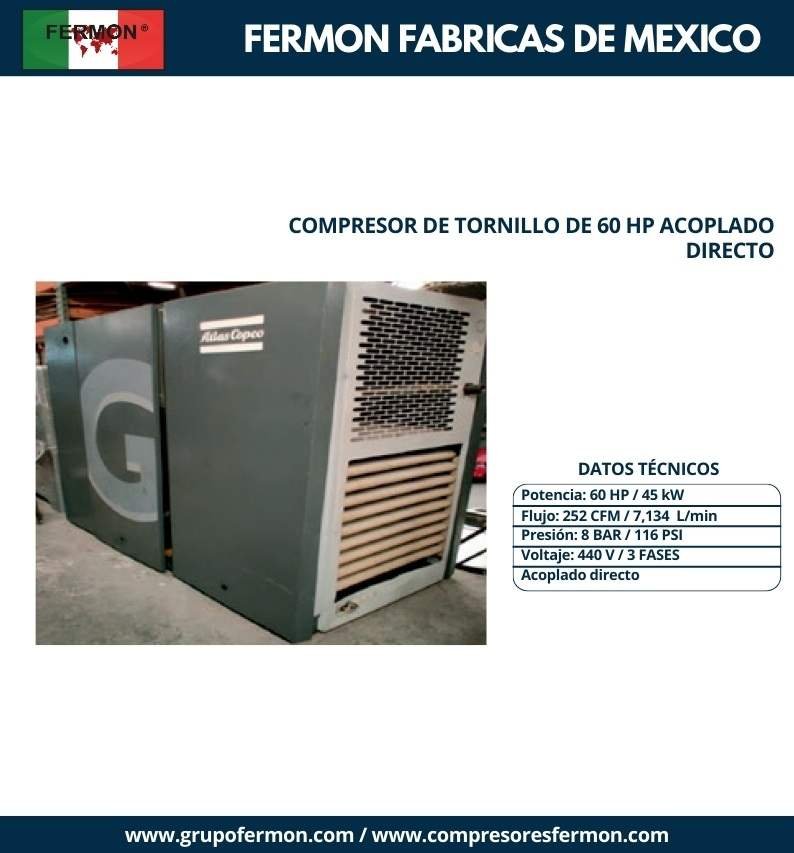 COMPRESOR DE TORNILLO DE 60 HP ACOPLADO DIRECTO