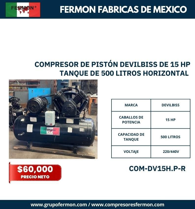 COMPRESOR DE PISTÓN DEVILBISS DE 15 HP TANQUE DE 500 LITROS HORIZONTAL NEGRO