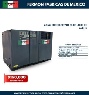 ATLAS COPCO ZT37 DE 50 HP LIBRE DE ACEITE