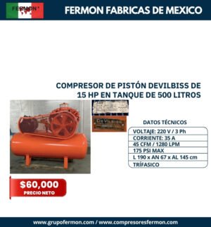 COMPRESOR DE PISTÓN DEVILBISS DE 15 HP EN TANQUE DE 500 LITROS