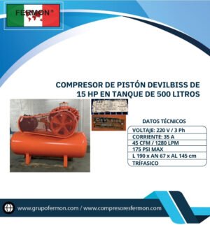 COMPRESOR DE PISTÓN DEVILBISS DE 15 HP EN TANQUE DE 500 LITROS