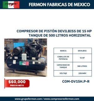 COMPRESOR DE PISTÓN DEVILBISS DE 15 HP TANQUE DE 500 LITROS HOR NEGRO