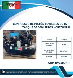 COMPRESOR DE PISTÓN DEVILBISS DE 15 HP TANQUE DE 500 LITROS HOR NEGRO