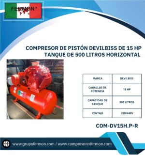 COMPRESOR DE PISTÓN DEVILBISS DE 15 HP TANQUE DE 500 LITROS HORIZONTAL
