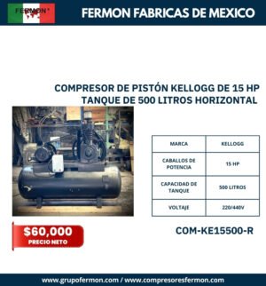 COMPRESOR DE PISTÓN KELLOGG DE 15 HP TANQUE DE 500 LITROS HORIZONTAL