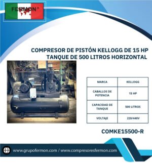 COMPRESOR DE PISTÓN KELLOGG DE 15 HP TANQUE DE 500 LITROS HORIZONTAL