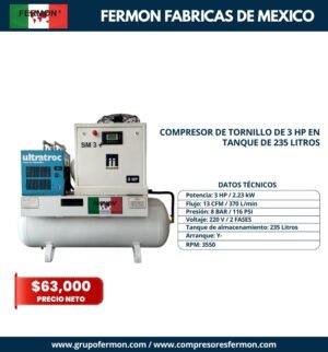 COMPRESOR DE TORNILLO DE 3 HP EN TANQUE DE 235 LITROS