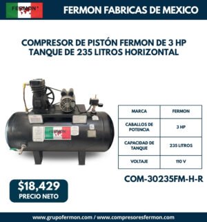 COMPRESOR DE PISTÓN FERMON DE 3 HP TANQUE DE 235 LITROS HORIZONTAL