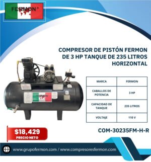 COMPRESOR DE PISTÓN FERMON DE 3 HP TANQUE DE 235 LITROS HORIZONTAL